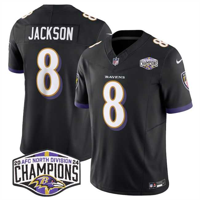 Mens Baltimore Ravens #8 Lamar Jackson Black F.U.S.E 2024 AFC North Division Champions Vapor Limited Jersey